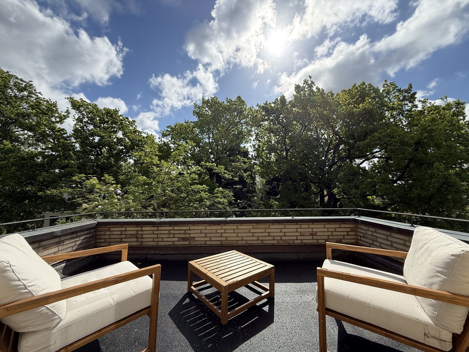 Terrasse unter alten Eichen mit blauem Himmel